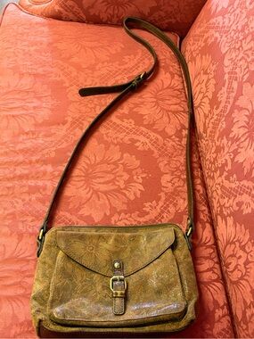 Patricia Nash Mustard Brown Floral Embossed Leather Crossbody